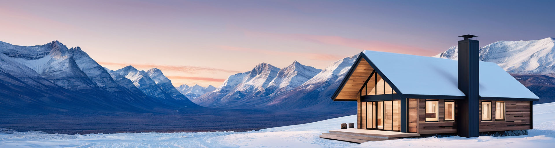Background with snow-peaked mountains and modern cabin